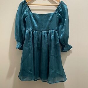Thirty Thirty LA Teal Iridescent Organza Puff Sleeve Smocked Mini Dress Small